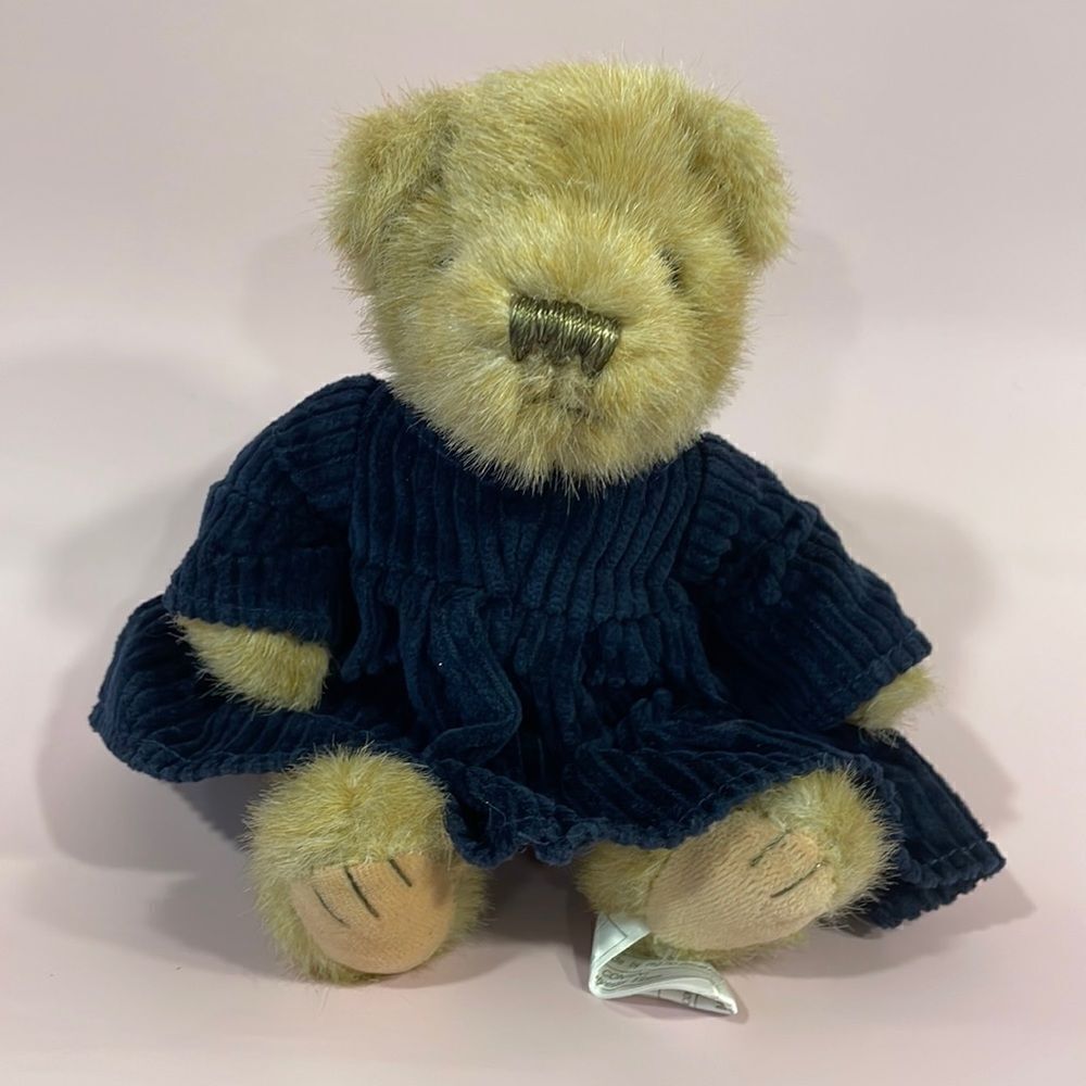 Small Vintage Style Girl Teddy Bear Wearing Blue Corduroy Dress Stuffed Bear 9” - Picture 1 of 8